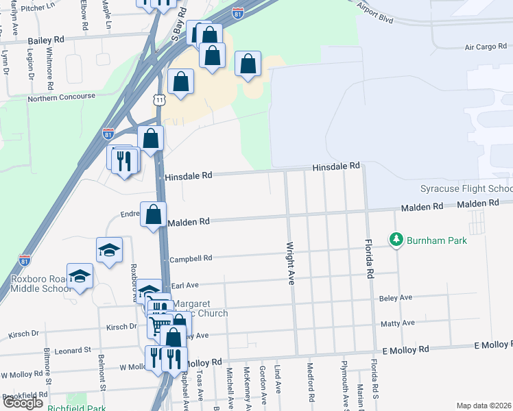 map of restaurants, bars, coffee shops, grocery stores, and more near 149 Malden Road in Syracuse