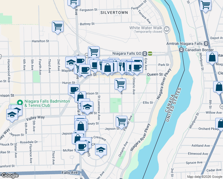 map of restaurants, bars, coffee shops, grocery stores, and more near 4768 Crysler Avenue in Niagara Falls