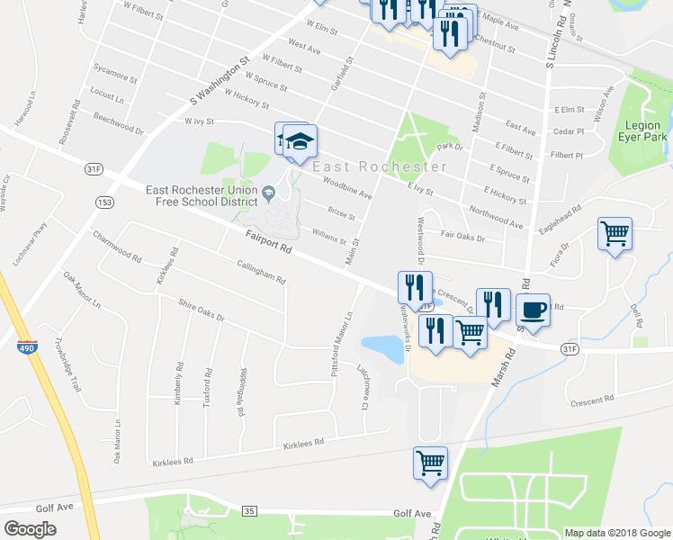 map of restaurants, bars, coffee shops, grocery stores, and more near 337 Fairport Road in East Rochester