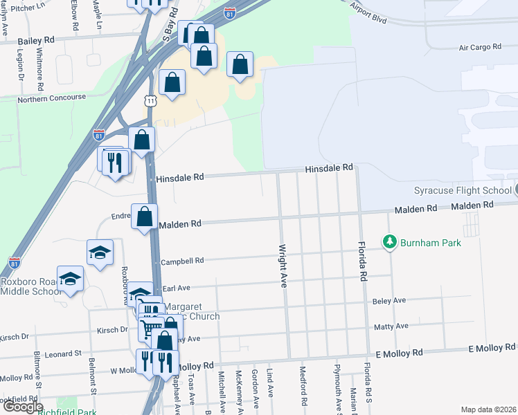 map of restaurants, bars, coffee shops, grocery stores, and more near 149 Malden Road in Syracuse