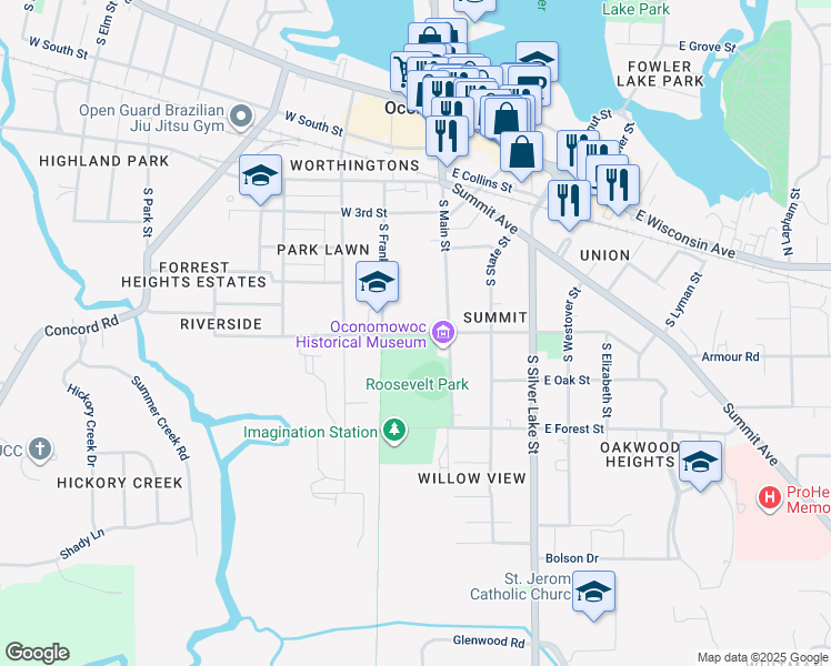 map of restaurants, bars, coffee shops, grocery stores, and more near 118 West Jefferson Street in Oconomowoc
