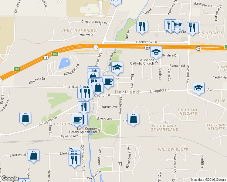 map of restaurants, bars, coffee shops, grocery stores, and more near 214 E Capitol Dr in Hartland