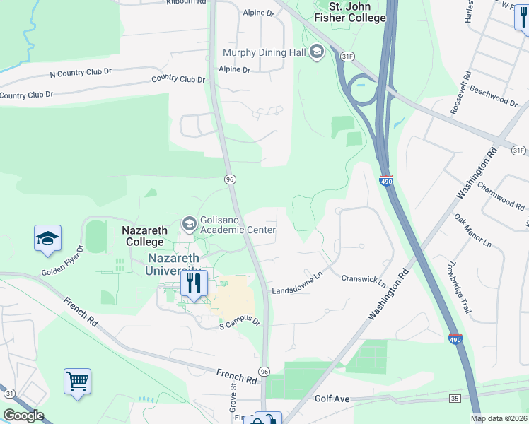 map of restaurants, bars, coffee shops, grocery stores, and more near 4 Briar Circle in Rochester