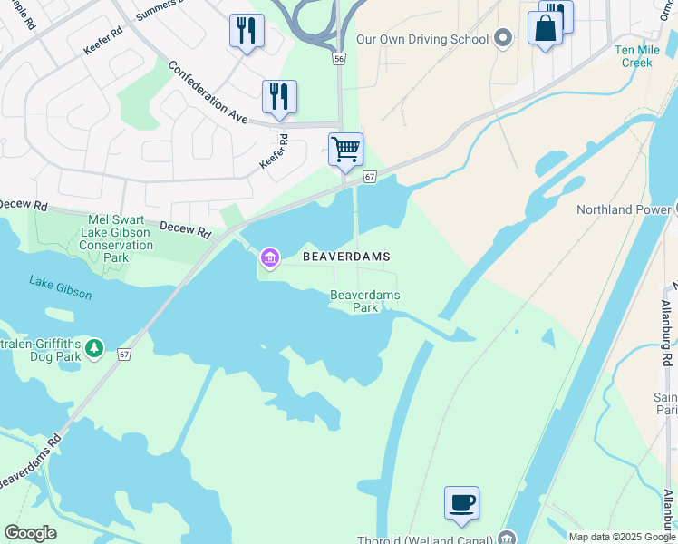 map of restaurants, bars, coffee shops, grocery stores, and more near 50 Marlatts Road in Thorold