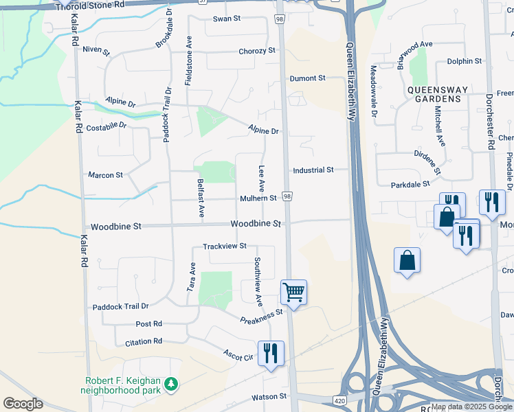 map of restaurants, bars, coffee shops, grocery stores, and more near 4705 Lee Avenue in Niagara Falls