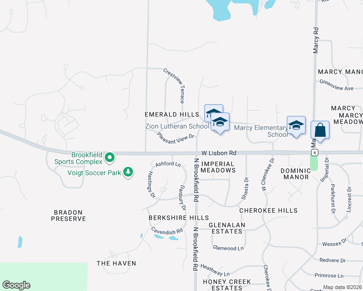 map of restaurants, bars, coffee shops, grocery stores, and more near N48W18959 Pleasant View Drive in Menomonee Falls