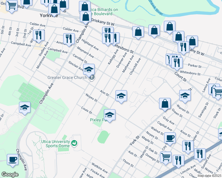 map of restaurants, bars, coffee shops, grocery stores, and more near 1125 Downer Avenue in Utica