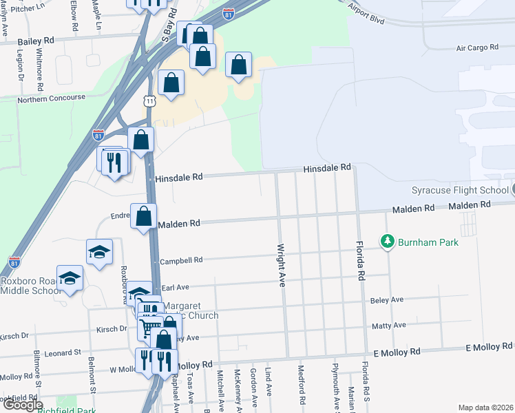 map of restaurants, bars, coffee shops, grocery stores, and more near 149 Malden Road in Syracuse