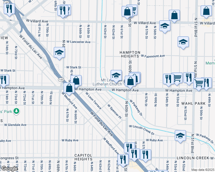 map of restaurants, bars, coffee shops, grocery stores, and more near 4835 North 63rd Street in Milwaukee