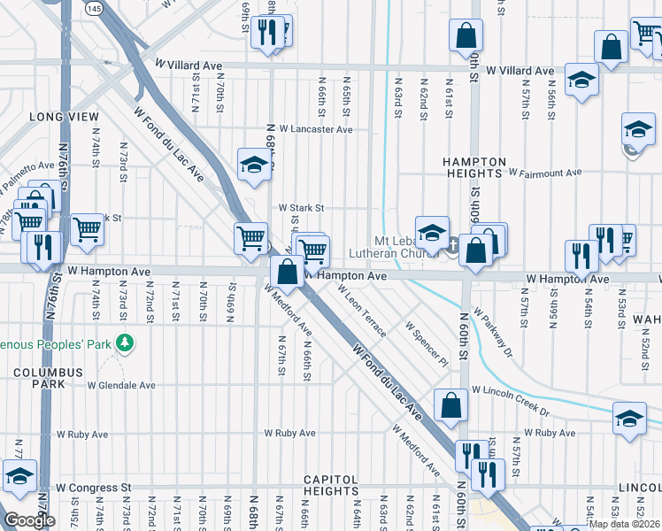 map of restaurants, bars, coffee shops, grocery stores, and more near 4827 North 65th Street in Milwaukee