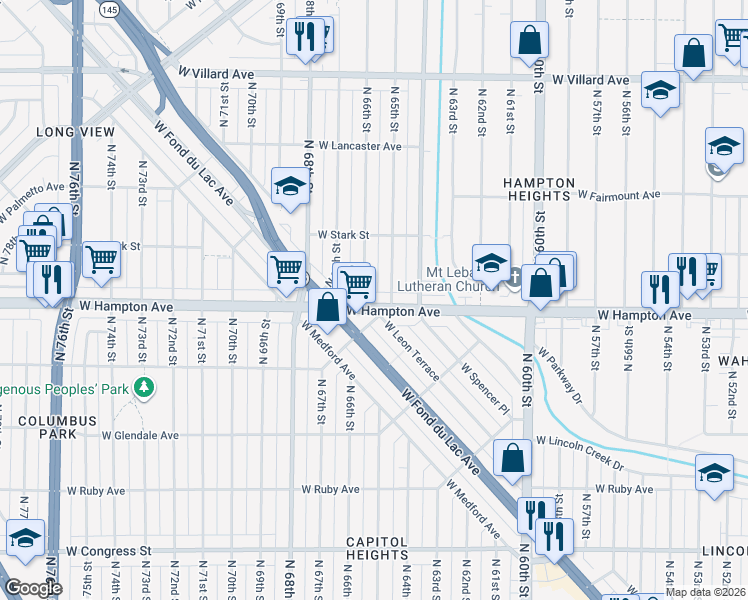 map of restaurants, bars, coffee shops, grocery stores, and more near 4827 North 65th Street in Milwaukee
