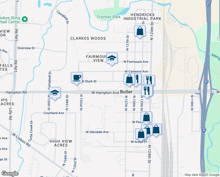 map of restaurants, bars, coffee shops, grocery stores, and more near 12825 West Stark Street in Butler