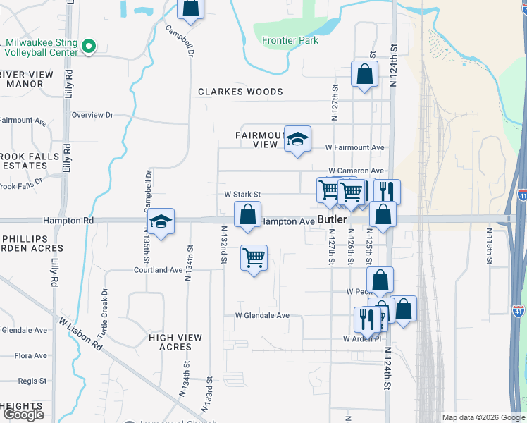 map of restaurants, bars, coffee shops, grocery stores, and more near 12849 West Stark Street in Butler