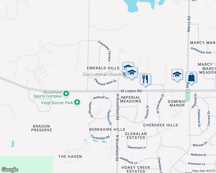 map of restaurants, bars, coffee shops, grocery stores, and more near N48W18959 Pleasant View Drive in Menomonee Falls