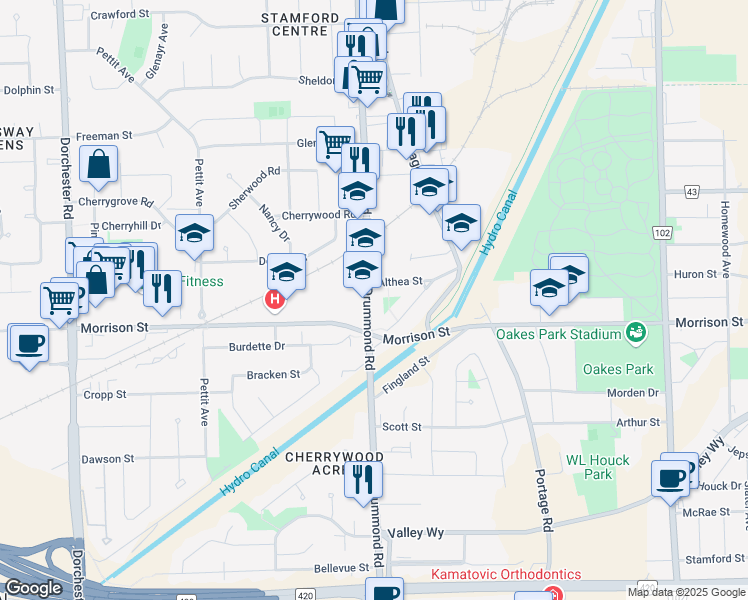 map of restaurants, bars, coffee shops, grocery stores, and more near 4740 Drummond Road in Niagara Falls