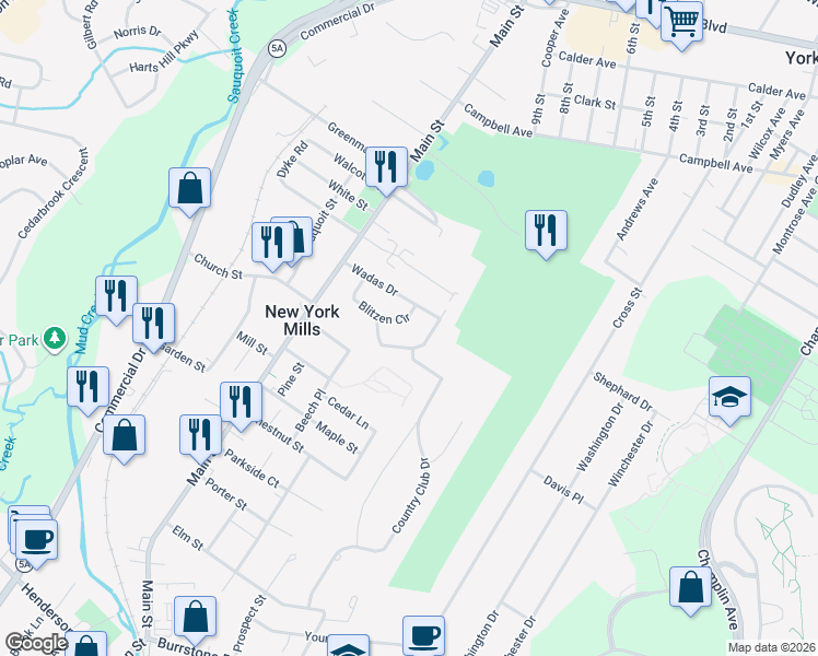 map of restaurants, bars, coffee shops, grocery stores, and more near 24 Wadas Drive in New York Mills