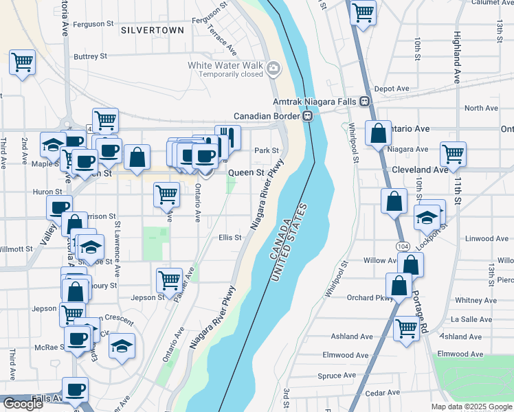 map of restaurants, bars, coffee shops, grocery stores, and more near 4755 River Road in Niagara Falls