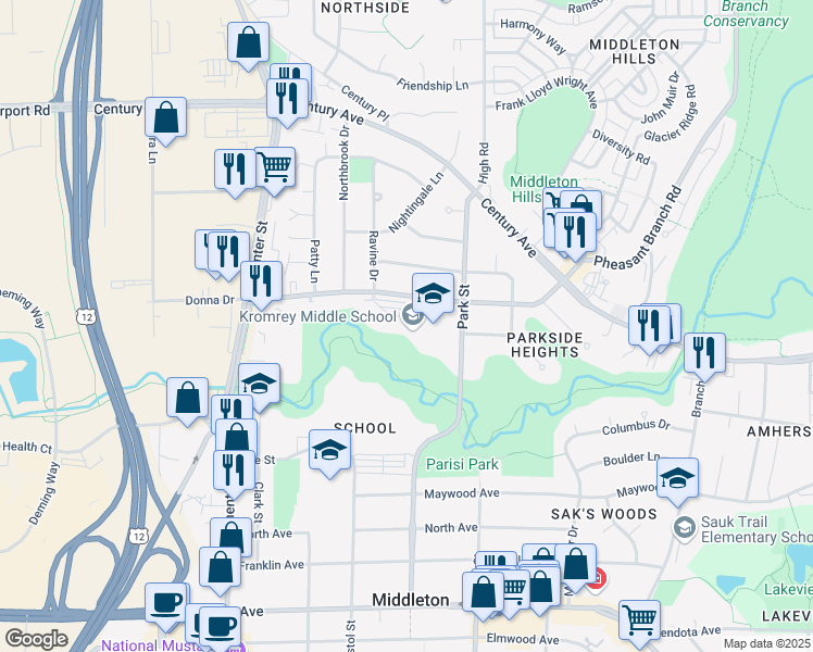 map of restaurants, bars, coffee shops, grocery stores, and more near 7009 Donna Drive in Middleton