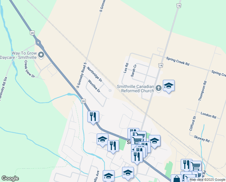 map of restaurants, bars, coffee shops, grocery stores, and more near 73 Northridge Drive in Smithville
