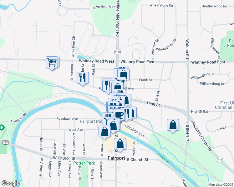 map of restaurants, bars, coffee shops, grocery stores, and more near North Main Street in Fairport