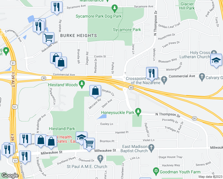 map of restaurants, bars, coffee shops, grocery stores, and more near 26 Sinykin Circle in Madison