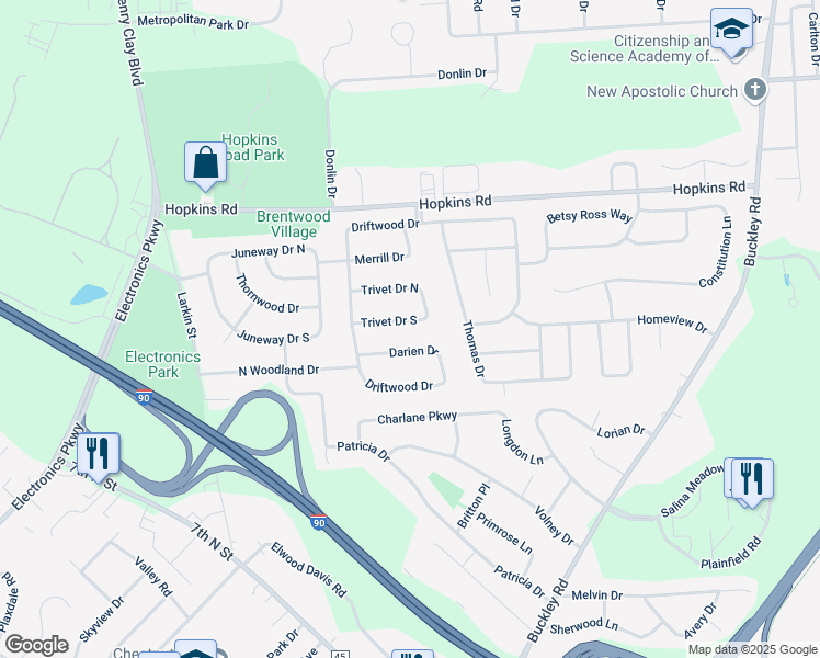 map of restaurants, bars, coffee shops, grocery stores, and more near 4934 Trivet Drive South in Liverpool