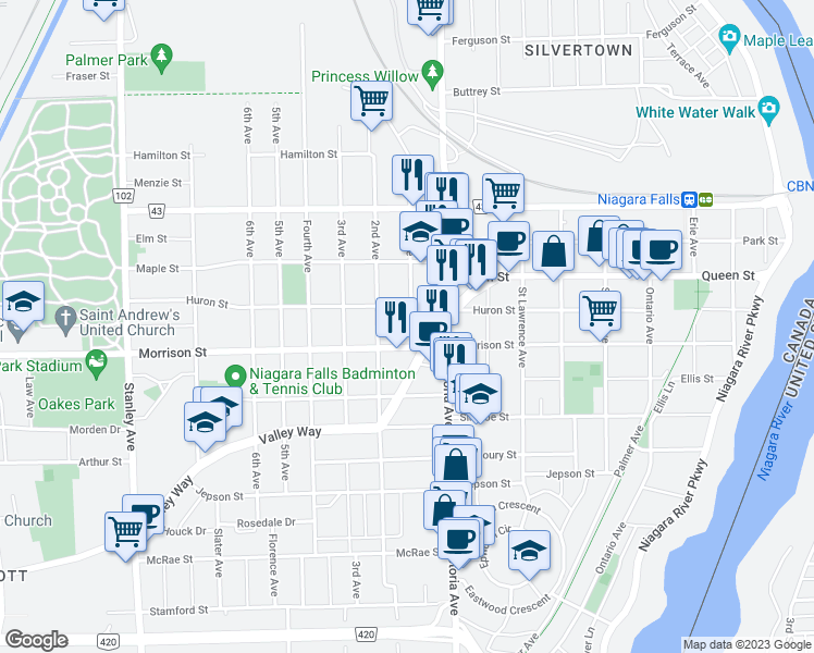 map of restaurants, bars, coffee shops, grocery stores, and more near 4755 1 Avenue in Niagara Falls