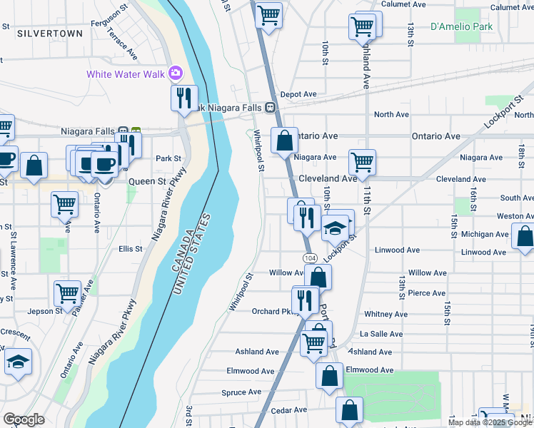 map of restaurants, bars, coffee shops, grocery stores, and more near 720 Division Avenue in Niagara Falls