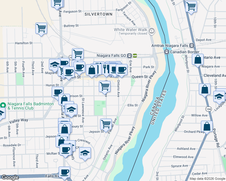 map of restaurants, bars, coffee shops, grocery stores, and more near in Niagara Falls