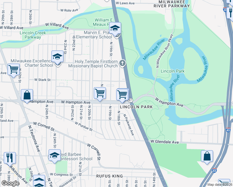 map of restaurants, bars, coffee shops, grocery stores, and more near 4857 North 18th Street in Milwaukee
