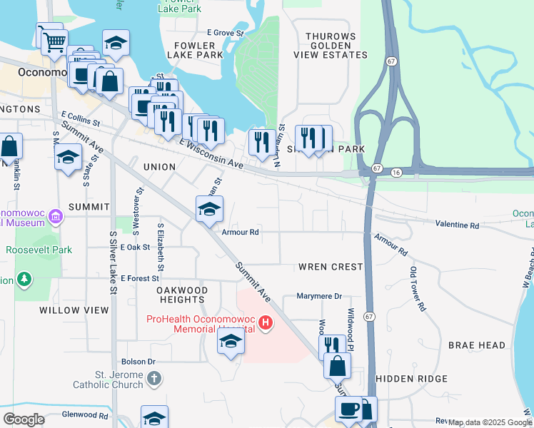 map of restaurants, bars, coffee shops, grocery stores, and more near 440 S Lapham St in Oconomowoc