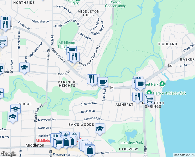 map of restaurants, bars, coffee shops, grocery stores, and more near 2901 Old Creek Road in Middleton