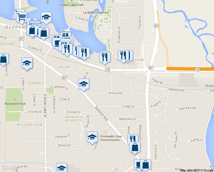 map of restaurants, bars, coffee shops, grocery stores, and more near 440 South Lapham Street in Oconomowoc