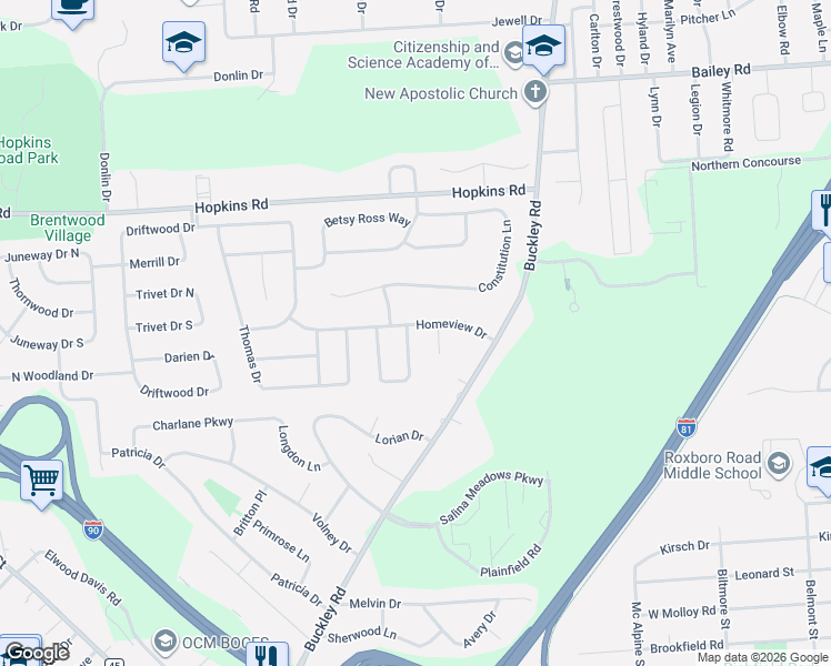 map of restaurants, bars, coffee shops, grocery stores, and more near 5063 Homeview Drive in Liverpool