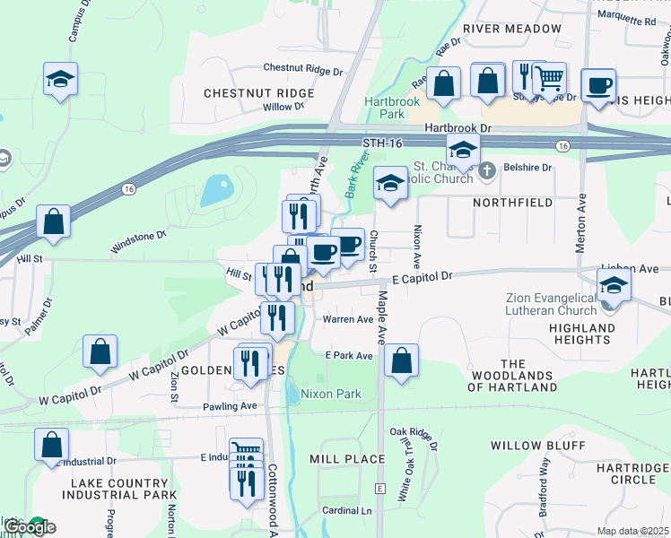 map of restaurants, bars, coffee shops, grocery stores, and more near 130 Oak St in Hartland