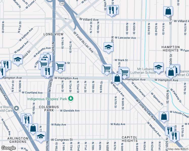 map of restaurants, bars, coffee shops, grocery stores, and more near 4820 North 70th Street in Milwaukee
