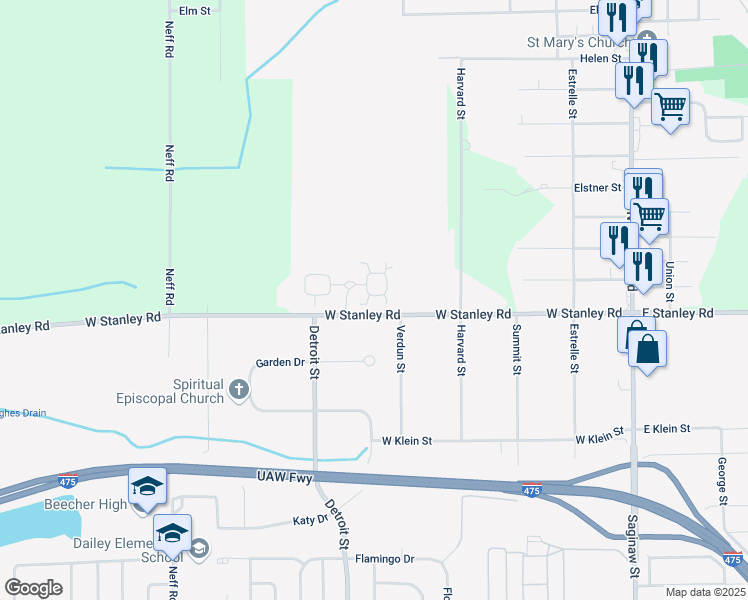 map of restaurants, bars, coffee shops, grocery stores, and more near 1255 Crimson Rose Drive in Mount Morris