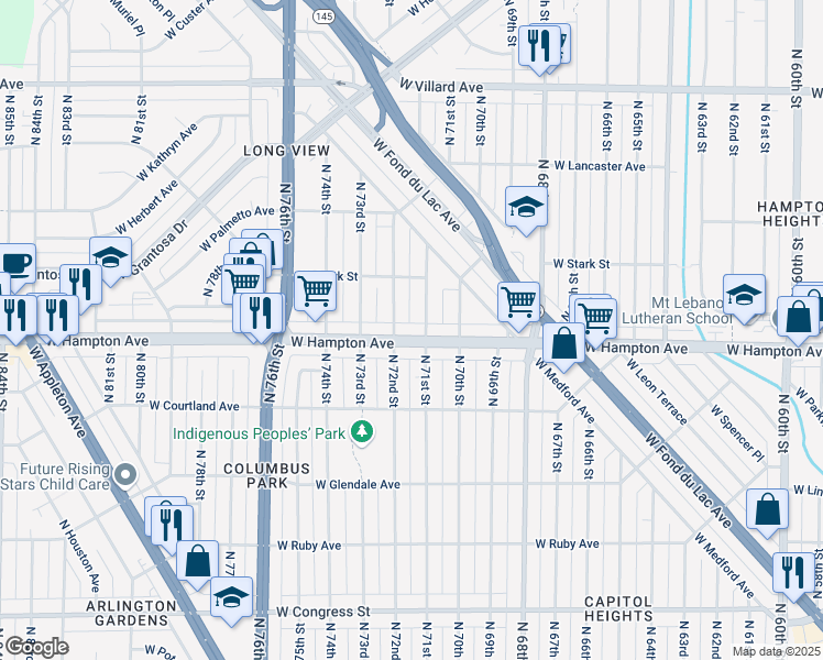 map of restaurants, bars, coffee shops, grocery stores, and more near 4827 North 72nd Street in Milwaukee