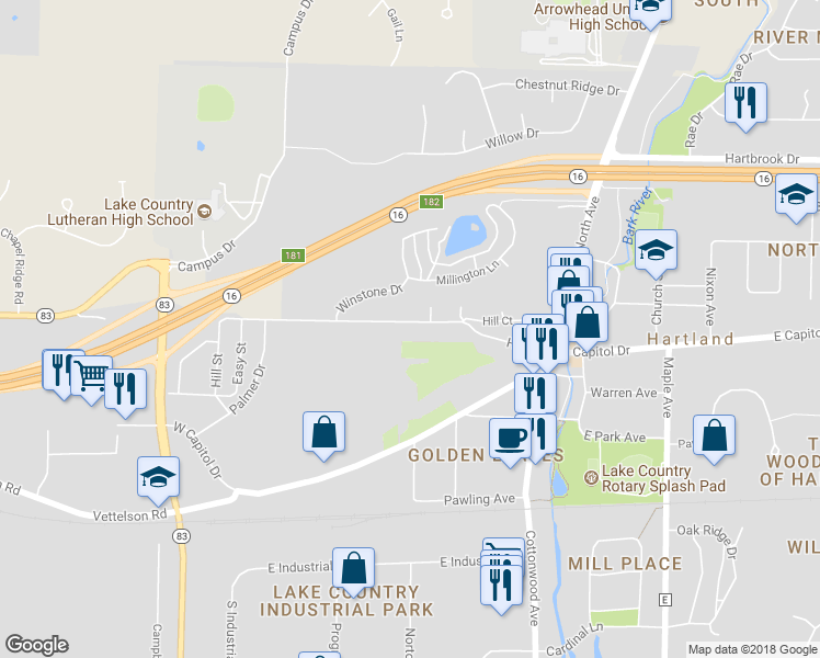map of restaurants, bars, coffee shops, grocery stores, and more near 355 Hill Street in Hartland