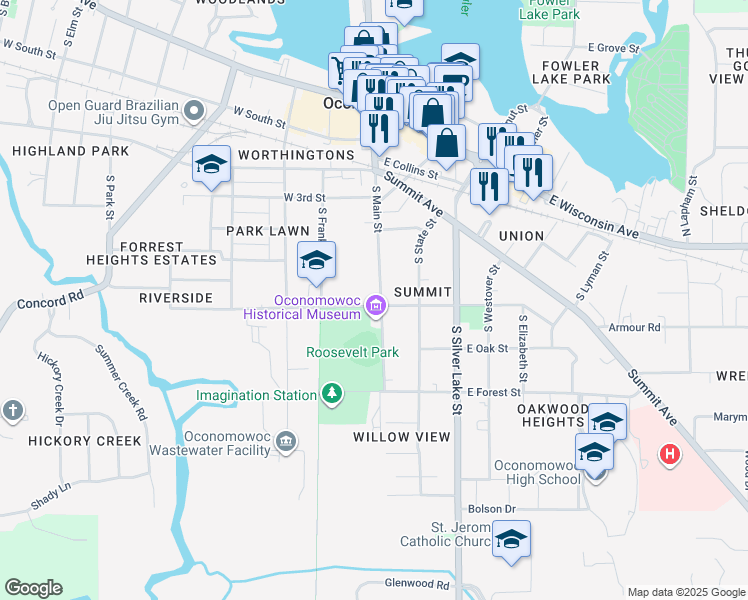 map of restaurants, bars, coffee shops, grocery stores, and more near 530 South Main Street in Oconomowoc