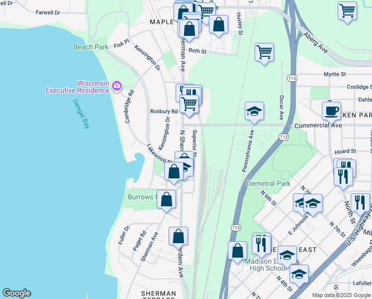 map of restaurants, bars, coffee shops, grocery stores, and more near 405 North Sherman Avenue in Madison