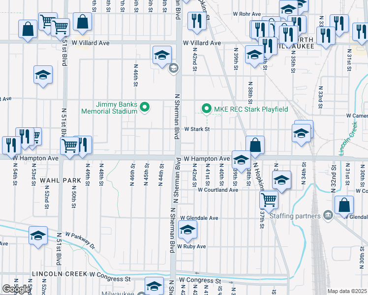 map of restaurants, bars, coffee shops, grocery stores, and more near 4229 West Luscher Avenue in Milwaukee