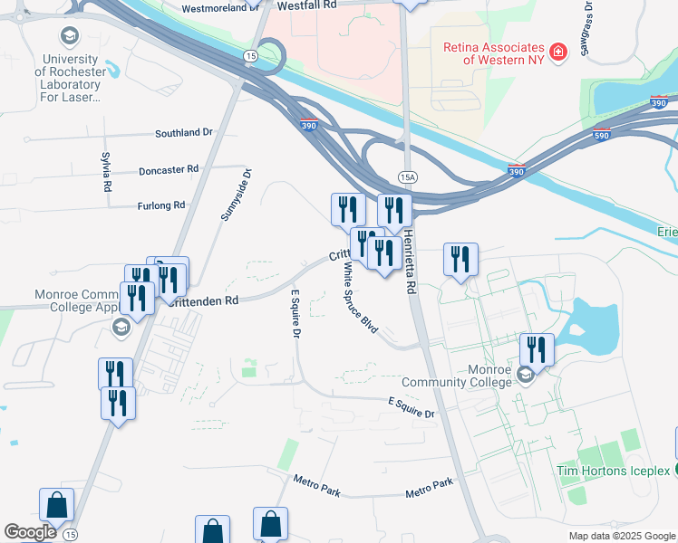 map of restaurants, bars, coffee shops, grocery stores, and more near 100 White Spruce Blvd in Rochester
