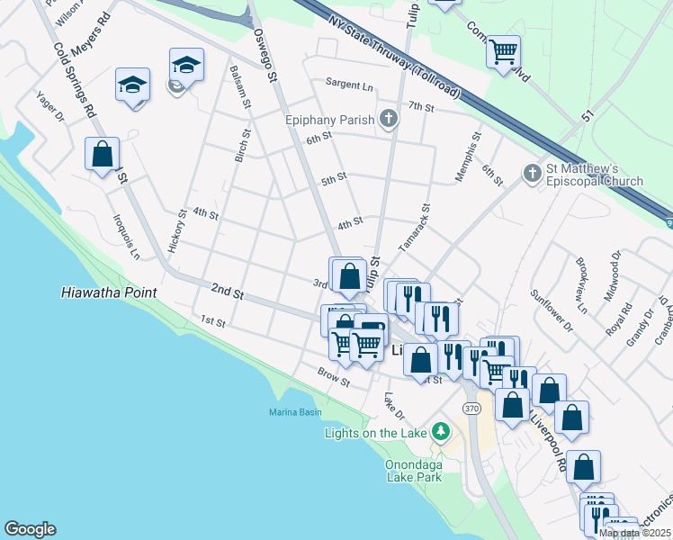 map of restaurants, bars, coffee shops, grocery stores, and more near 709 Oswego Street in Liverpool
