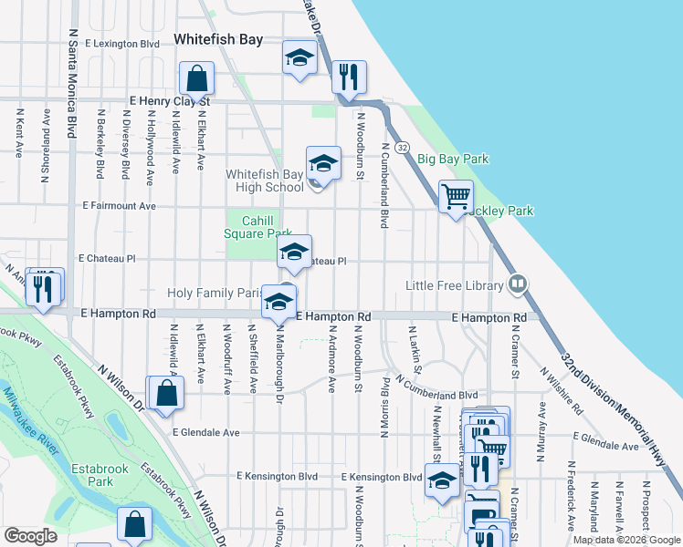 map of restaurants, bars, coffee shops, grocery stores, and more near 1351 East Chateau Place in Whitefish Bay