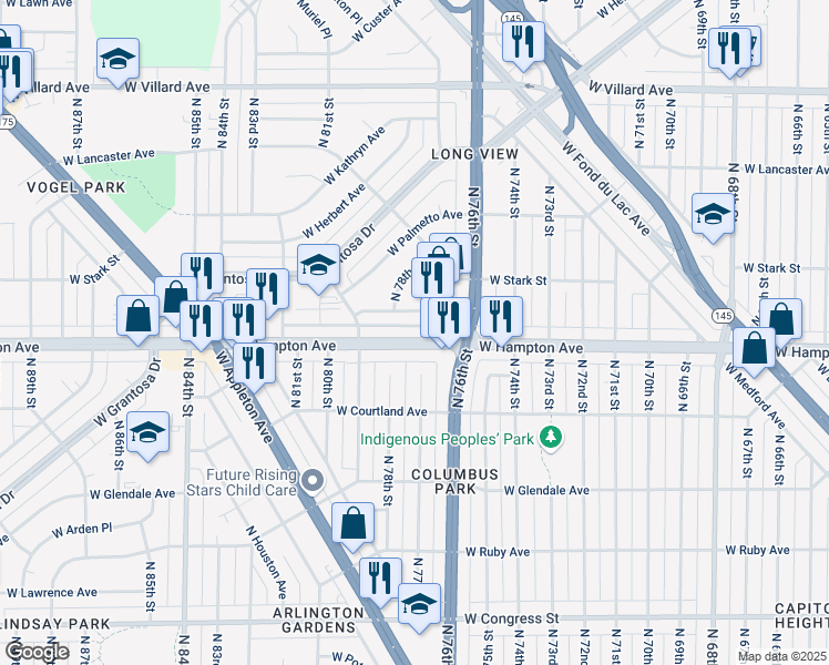 map of restaurants, bars, coffee shops, grocery stores, and more near 4821 North 76th Street in Milwaukee