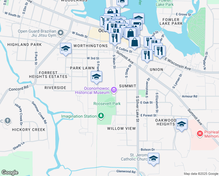 map of restaurants, bars, coffee shops, grocery stores, and more near 118 West Jefferson Street in Oconomowoc