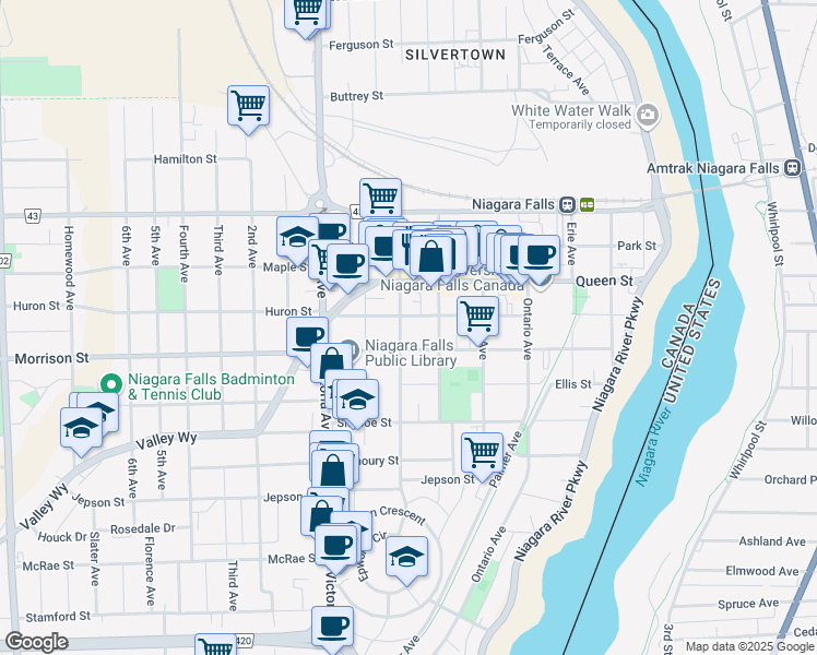 map of restaurants, bars, coffee shops, grocery stores, and more near in Niagara Falls