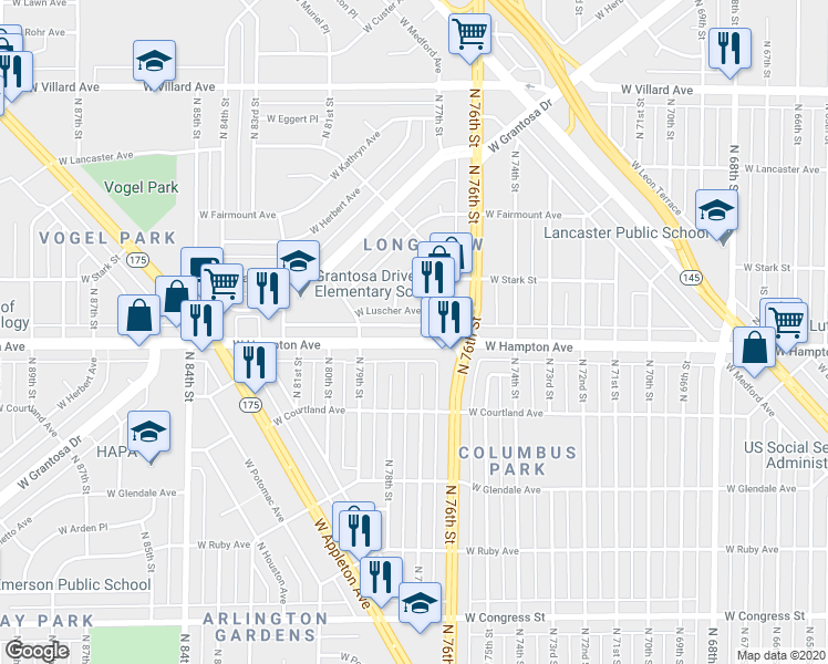map of restaurants, bars, coffee shops, grocery stores, and more near 4821 North 76th Street in Milwaukee