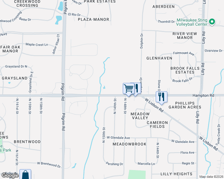 map of restaurants, bars, coffee shops, grocery stores, and more near N48W15032 West Lisbon Road in Menomonee Falls